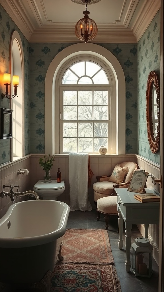 Victorian bathroom featuring a reading nook with two chairs and a small table filled with books