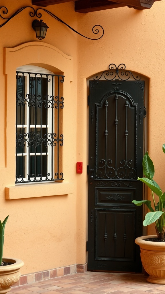 A rustic entryway featuring black iron door and window accents against warm orange walls.