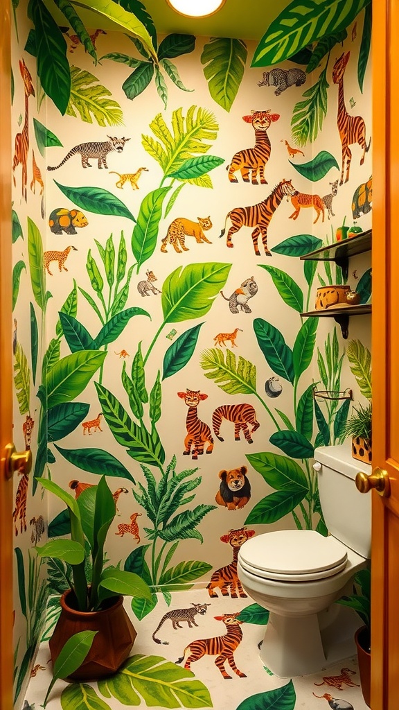 A kids bathroom featuring jungle-themed wallpaper with animals and lush greenery.