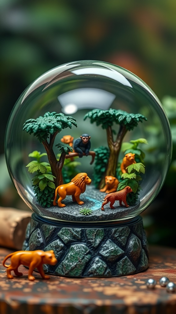 A DIY jungle safari snow globe featuring lions and a monkey among trees