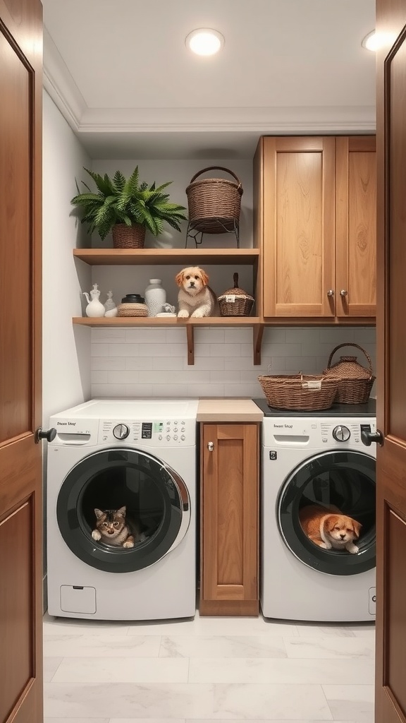 A laundry room featuring two washing machines with a cat and a dog resting inside, along with wooden cabinets and shelves decorated with plants and baskets.