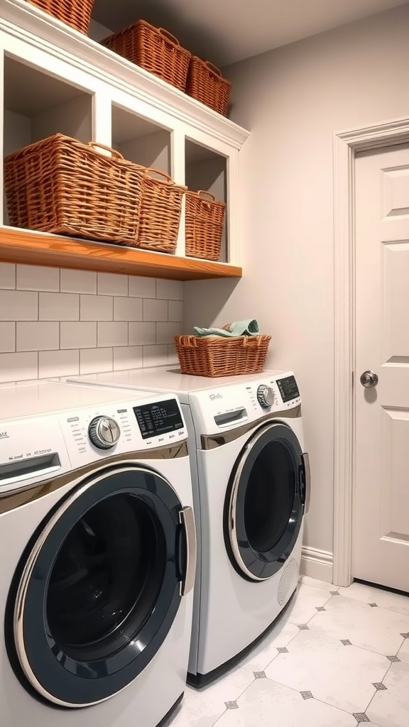 A modern laundry room with white appliances, wooden shelves, and woven baskets.