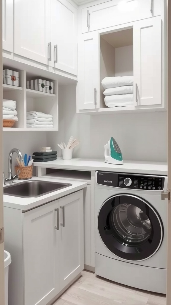 A modern laundry room with built-in ironing board, white cabinets, and a washing machine.