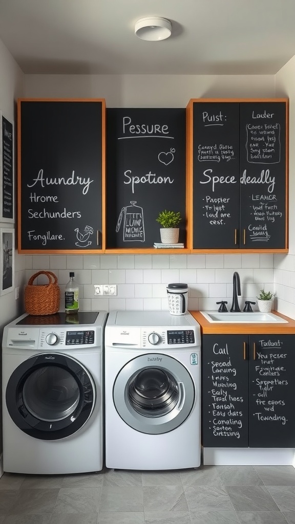 Laundry room featuring chalkboard walls with handwritten notes and two washing machines