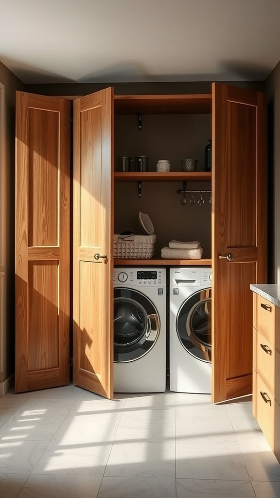 Laundry room with folding wooden doors, revealing washing machines and shelves