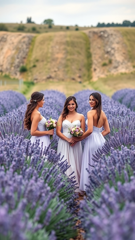 Three bridesmaids in white dresses standing in a lavender field, holding bouquets