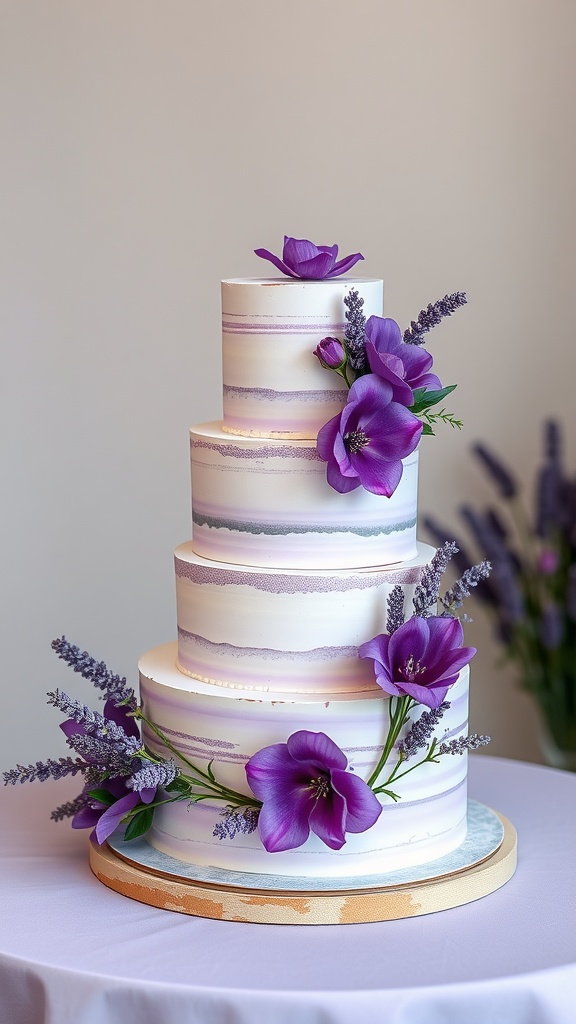 A three-tiered lavender infused wedding cake adorned with purple flowers and lavender sprigs.