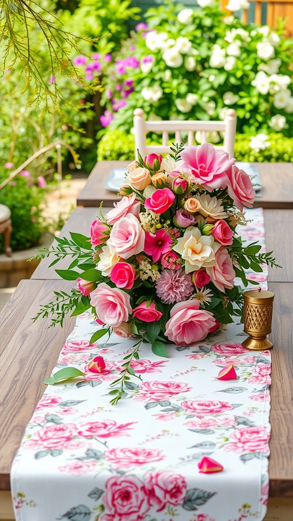 A beautifully arranged table with floral runners featuring roses and greenery, set in a lush garden.