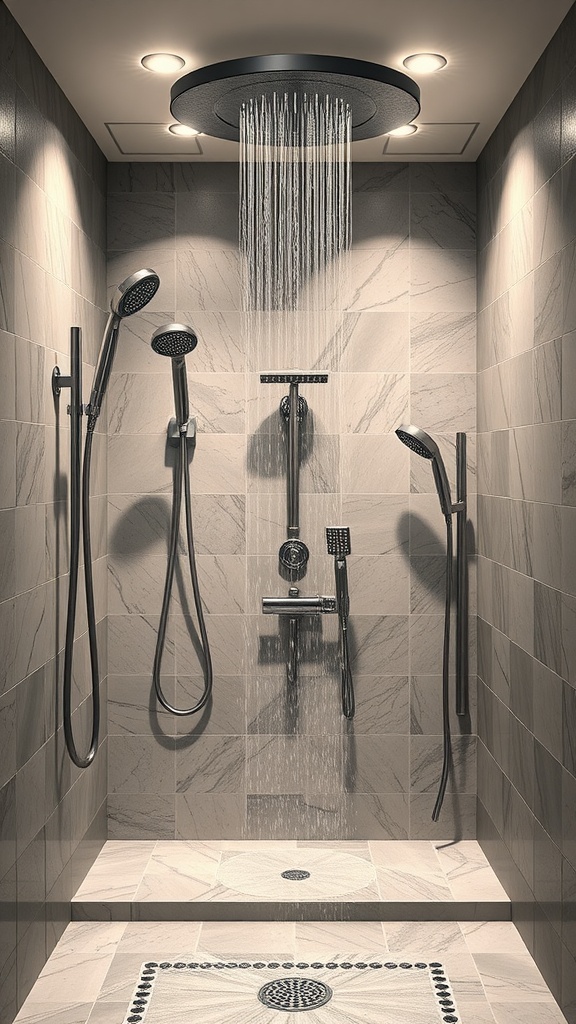 Luxurious shower with multiple fixtures and modern design features.