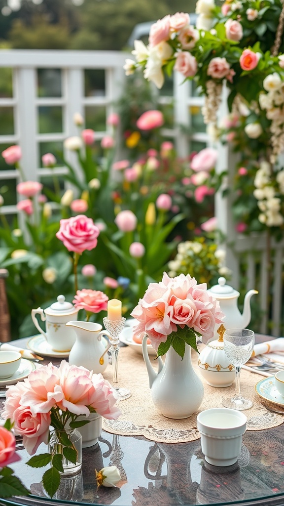 A beautifully arranged outdoor tea party table with delicate porcelain, pink roses, and a floral backdrop.