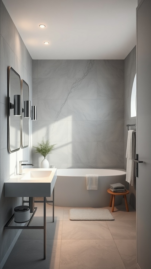 A modern grey and white bathroom with layered lighting, featuring a bathtub, sink, and mirrors.