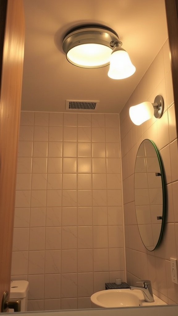 Small bathroom with layered lighting, featuring a ceiling light and wall sconce.