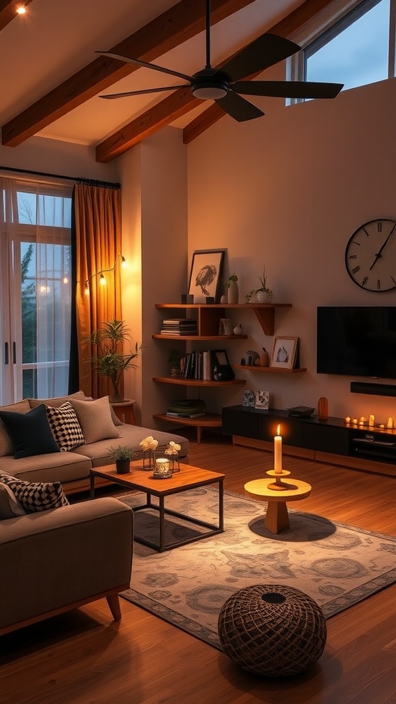 A cozy living room with layered lighting from a ceiling fan, candle on a coffee table, string lights, and wall-mounted shelves, creating a warm ambiance.