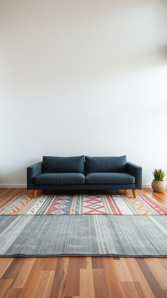 A living room featuring a dark gray couch on layered rugs with colorful patterns, set against a light wooden floor.