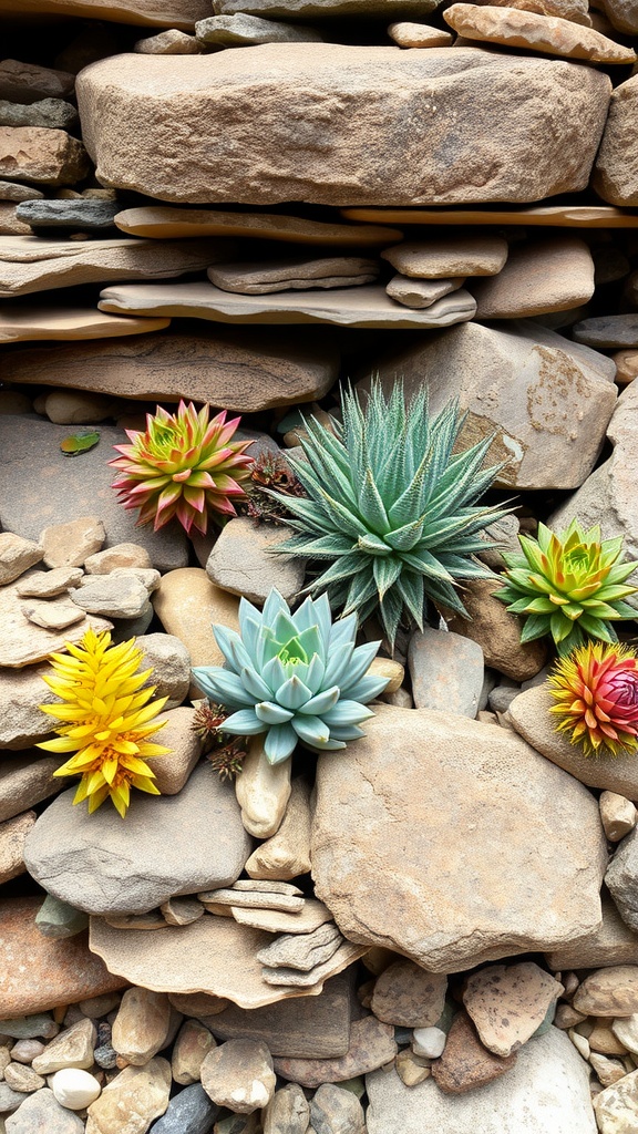 A rock garden featuring layered stones with various colorful succulents