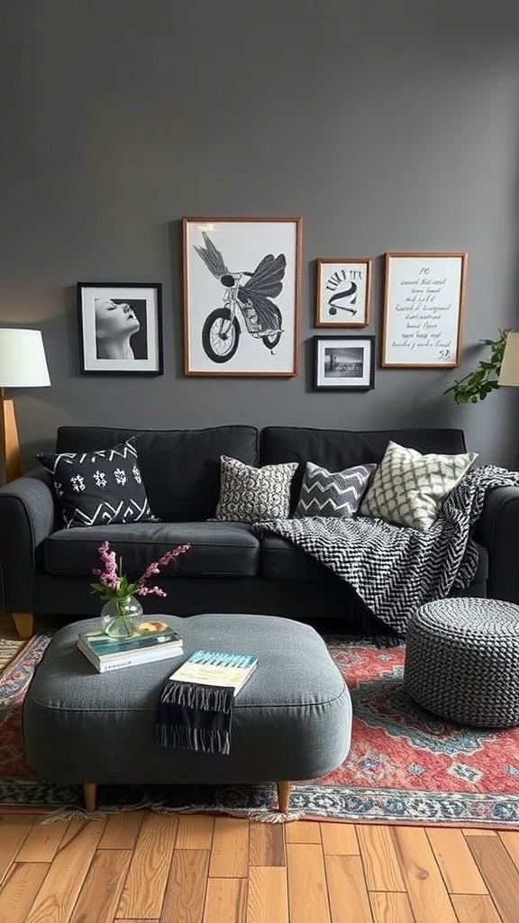 Cozy living room featuring a dark gray couch with layered textures and patterns