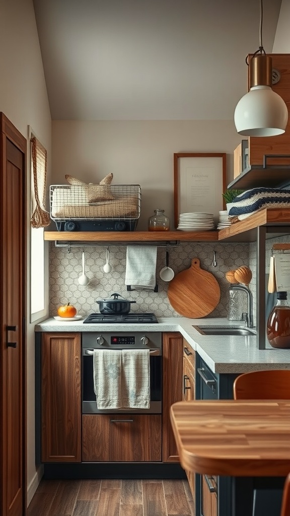 A cozy, small cottage kitchen featuring wooden elements and a stylish design.