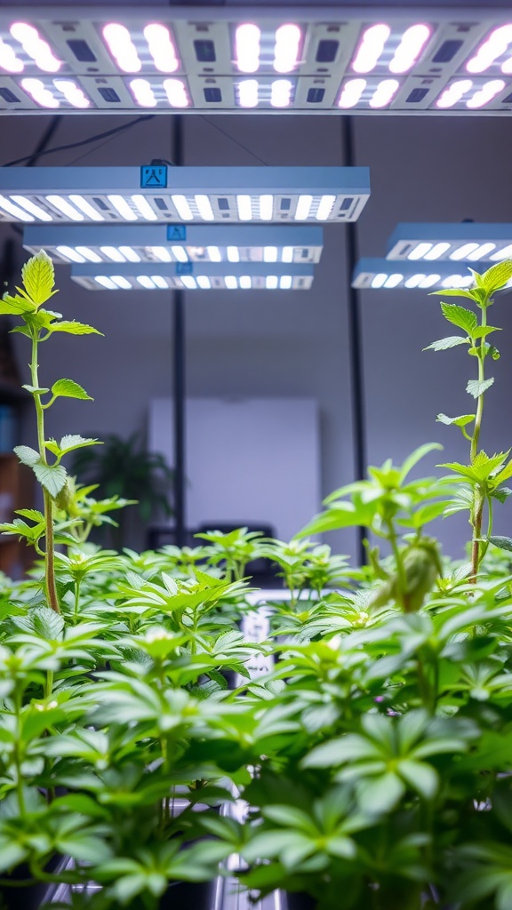 A hydroponic setup with green plants growing under LED grow lights.