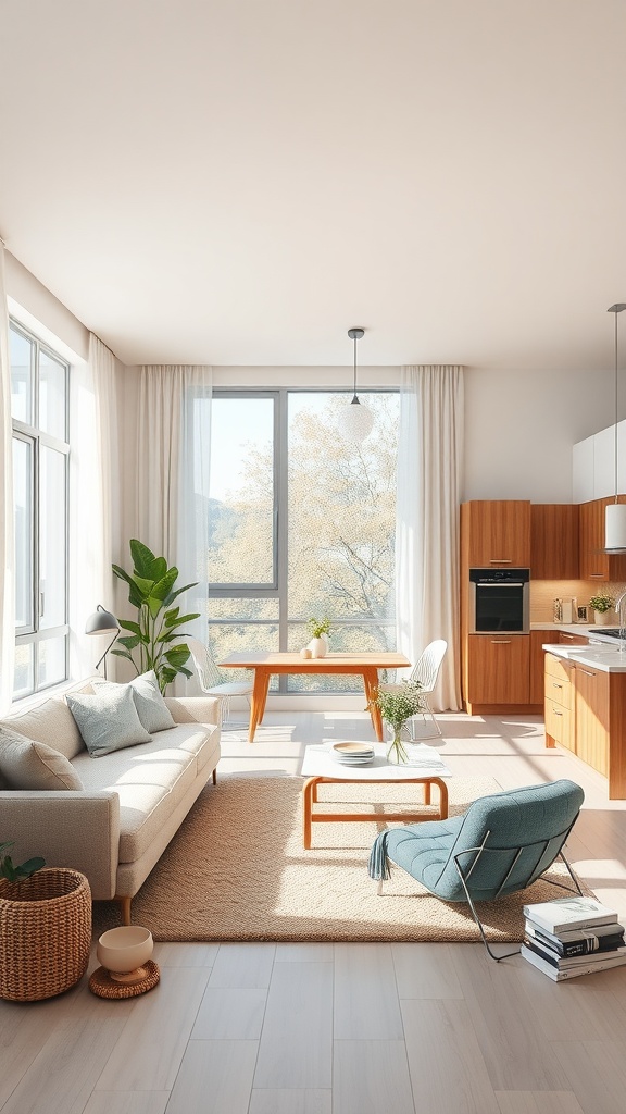 A bright, airy living room connected to a kitchen, featuring large windows, light-colored furniture, and plants.