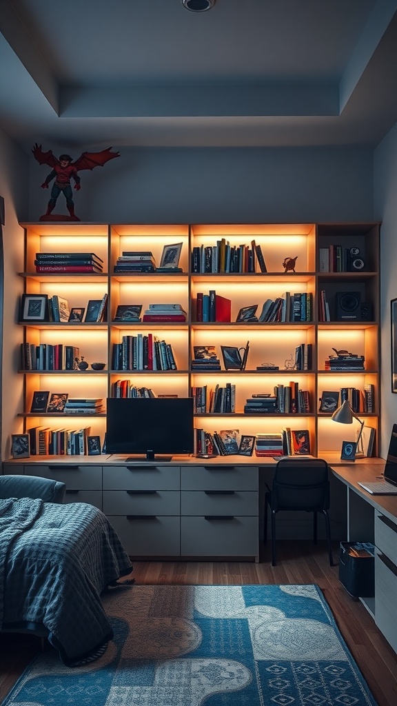 A modern teen boy bedroom featuring lighted shelving units filled with books and personal items.