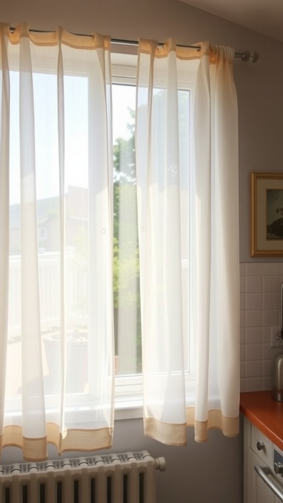 Lightweight curtains in a cottage kitchen, allowing natural light while maintaining privacy.