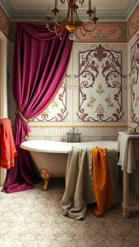 Victorian bathroom featuring rich fabrics and intricate wall designs.