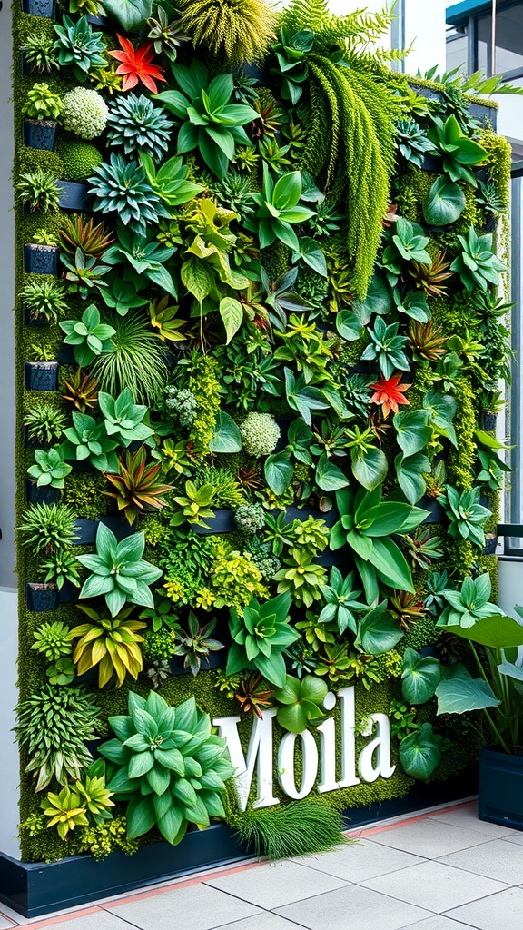 A vibrant green wall display with various plants, creating a lush and inviting atmosphere.