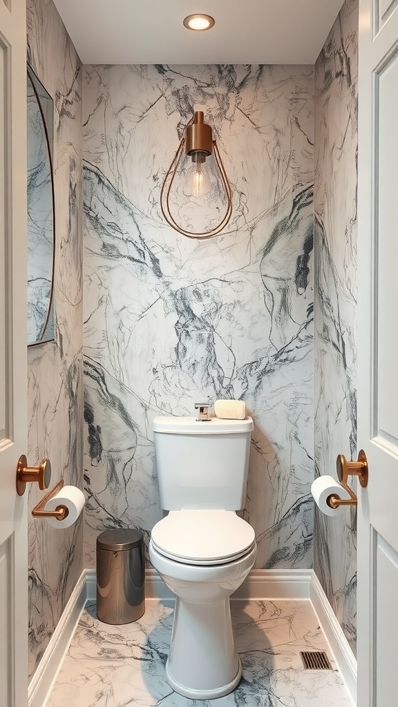 Small bathroom with luxe marble effect wallpaper, white toilet, and gold accents