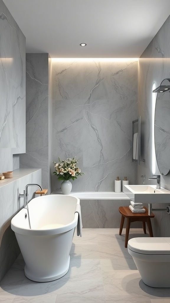 Luxe grey and white bathroom with freestanding tub and modern fixtures