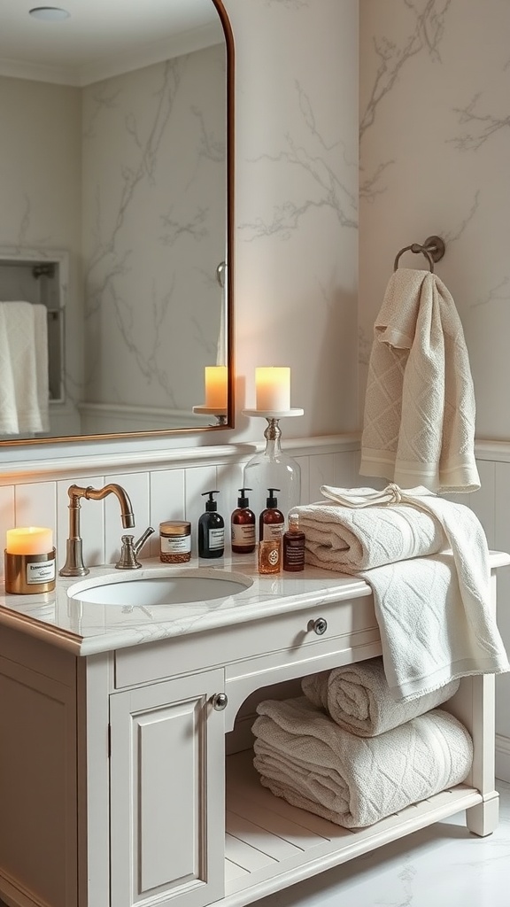 A beautifully arranged bathroom with a marble countertop, soft towels, organic soap bottles, and candles creating a warm atmosphere.