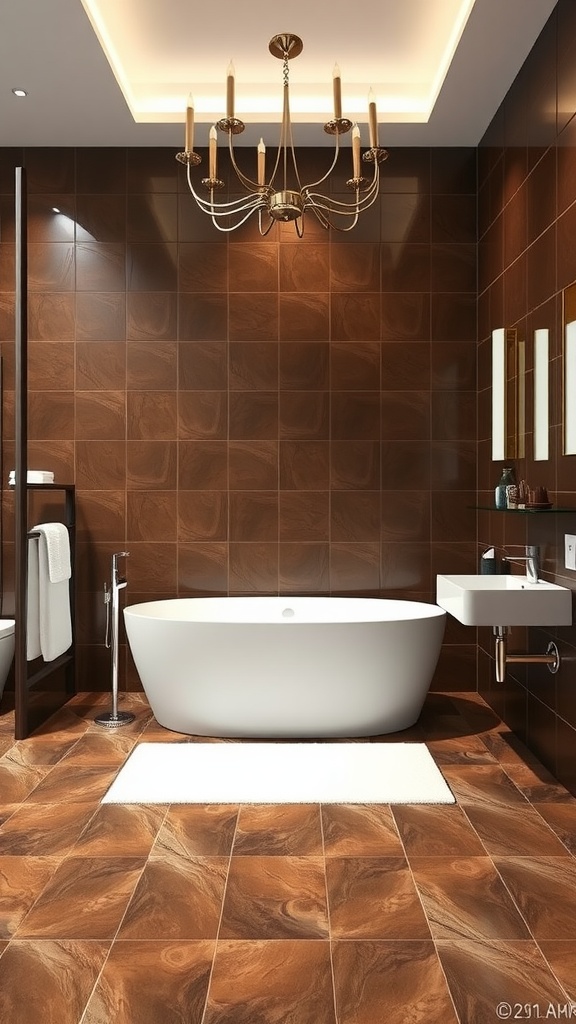 Luxurious bathroom with chocolate brown tiles and a white freestanding bathtub