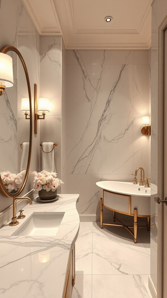 Luxurious bathroom featuring marble finishes, elegant lighting, and gold accents