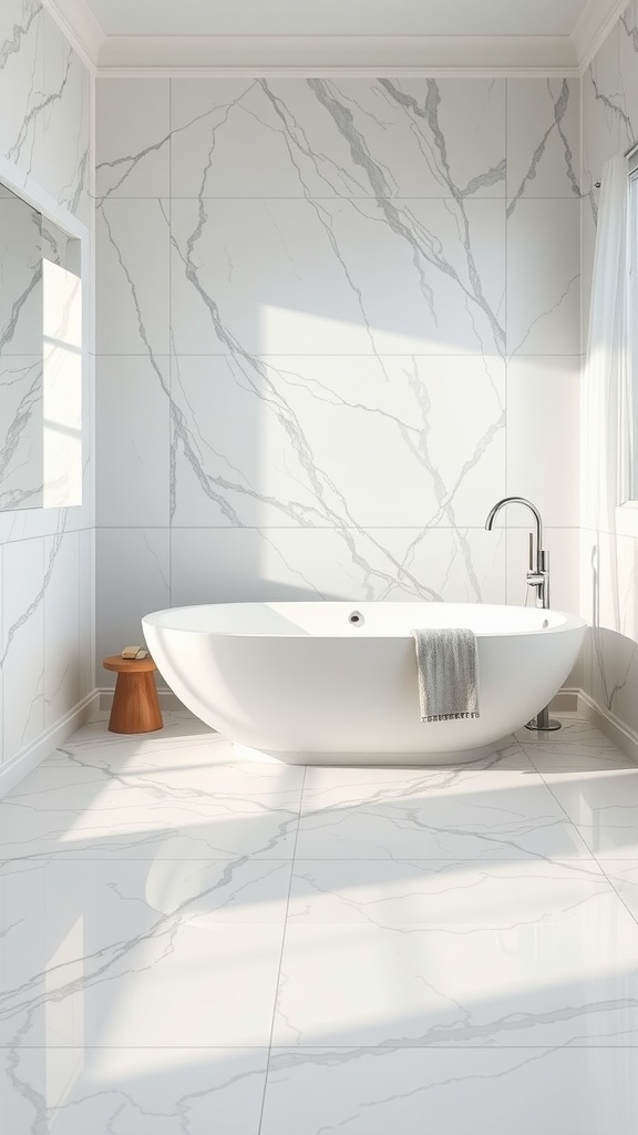 A luxurious bathroom featuring white marble tiles on the floor and walls, with an oval bathtub and a wooden stool.