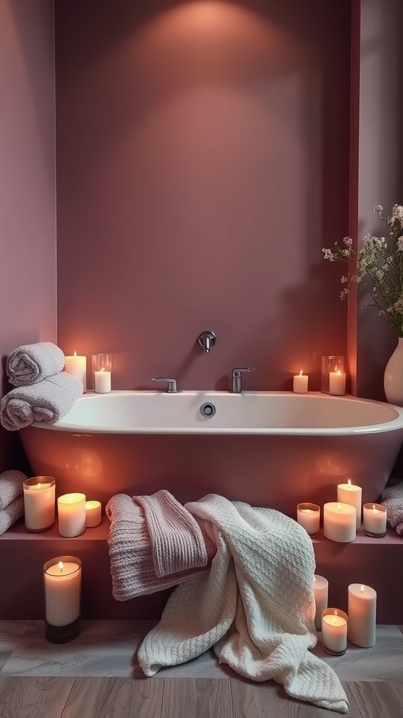 A cozy mauve bathroom featuring a bathtub surrounded by candles and soft towels, creating a relaxing atmosphere.