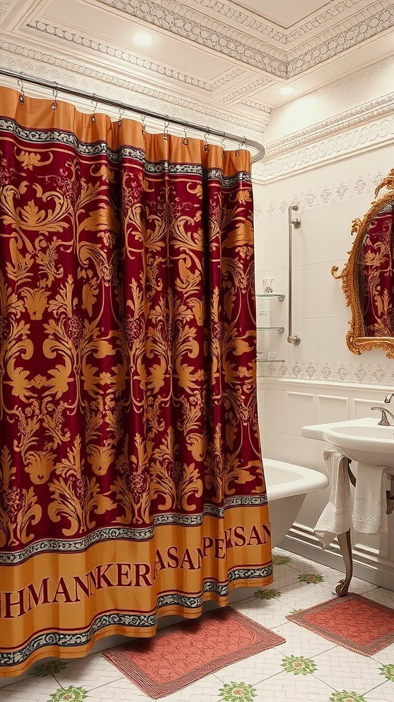 A luxurious shower curtain with red and gold ornate patterns in a Victorian-style bathroom.