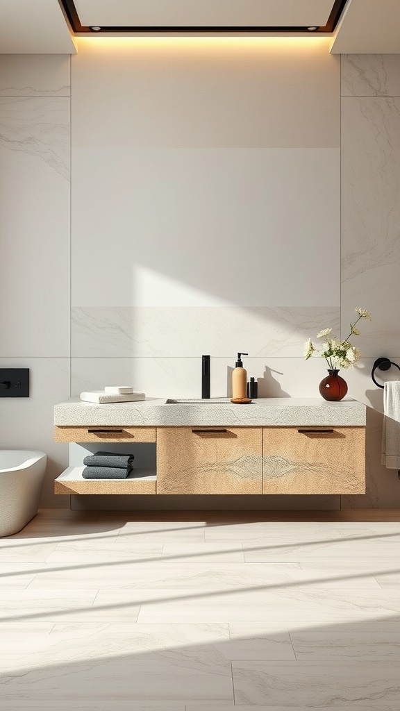 Luxurious spa-inspired bathroom vanity with natural stone countertop and wooden cabinetry.