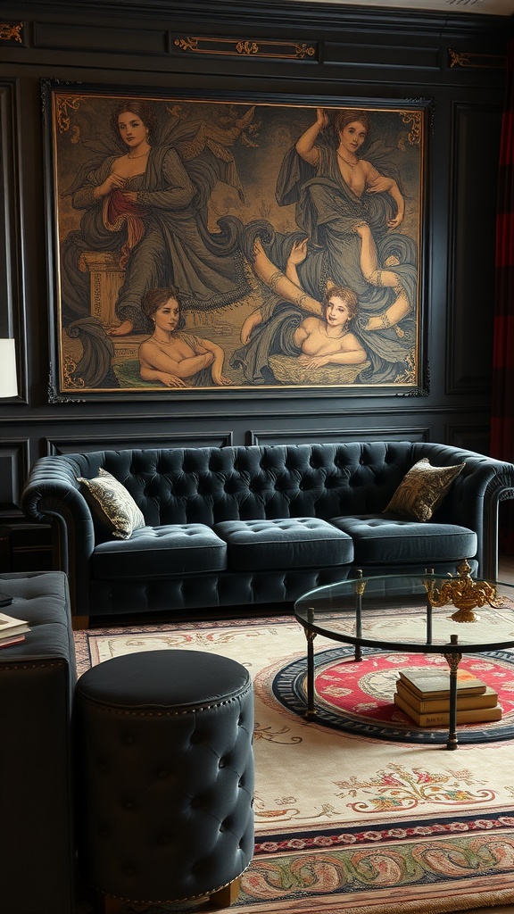 A luxurious dark gray velvet couch in a stylish living room with elegant artwork and a glass coffee table.