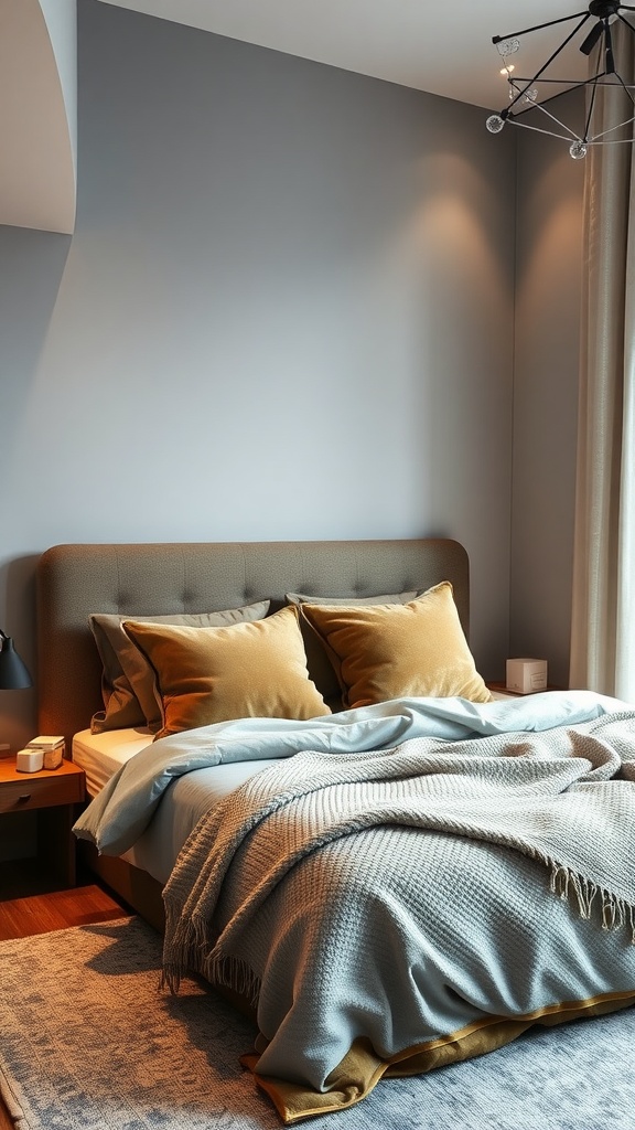A modern teen boy bedroom featuring a cozy bed with plush pillows and a soft blanket, complemented by soothing colors and luxury textures.
