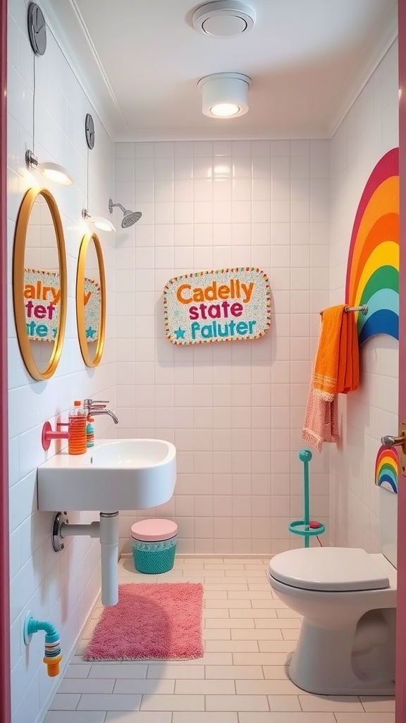 A vibrant kids bathroom with rainbow decor, colorful towels, and playful accessories.