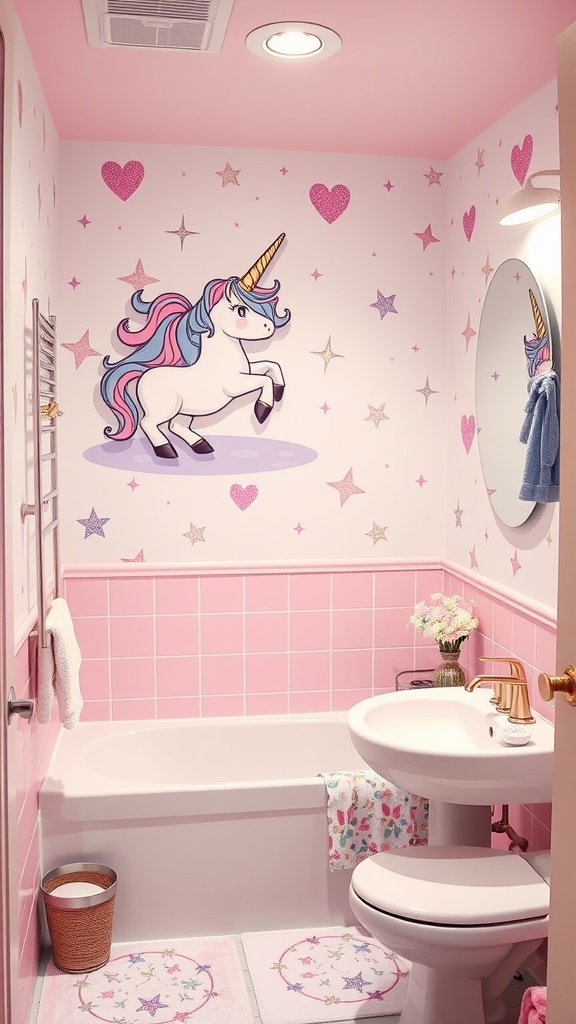 A kids bathroom with a unicorn theme featuring pink walls, a unicorn mural, and colorful accessories.