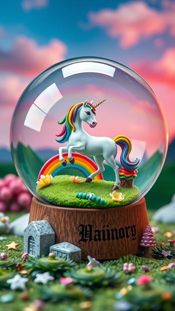 A colorful snow globe featuring a unicorn on a grassy patch with a rainbow, surrounded by flowers and tiny decorations.