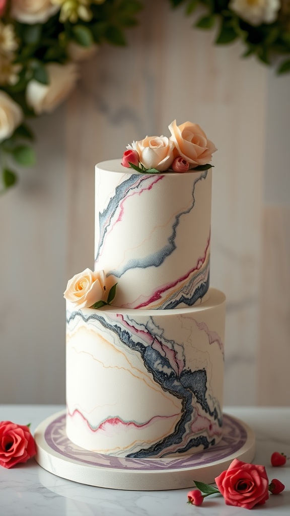 Marble wedding cake decorated with roses, featuring elegant swirls and a modern design