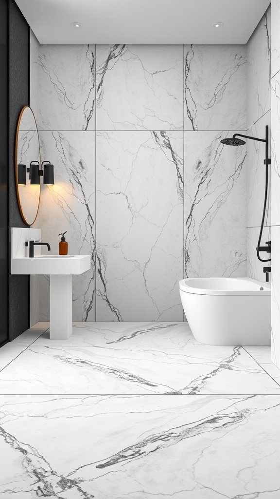 A modern bathroom with large marble effect tiles, black grout, a stylish sink, and a sleek shower.