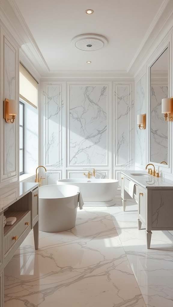 A luxurious bathroom featuring marble walls, a freestanding tub, and golden fixtures.