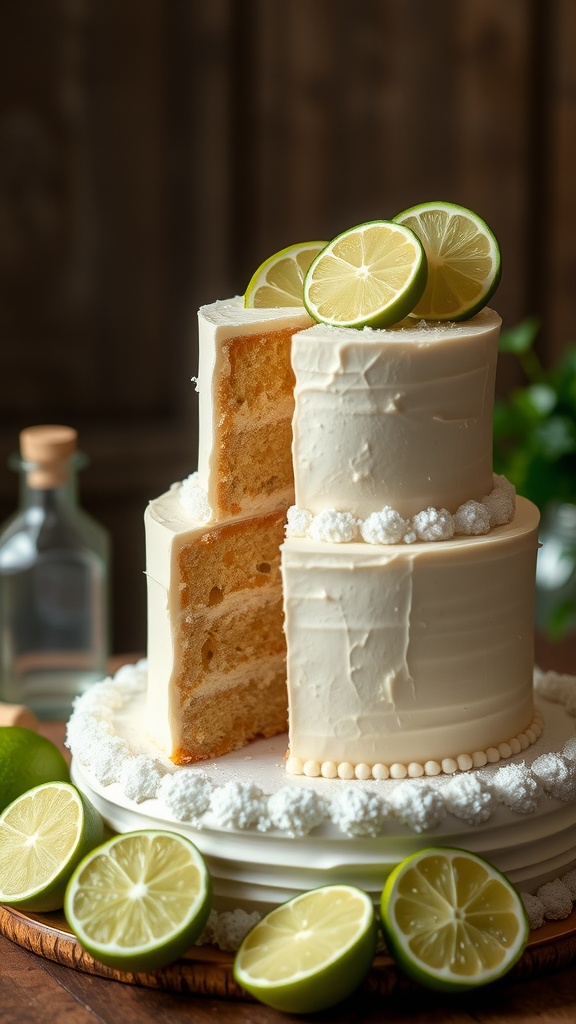 A beautifully decorated wedding cake with lime slices on top and a slice taken out, showcasing its layers.