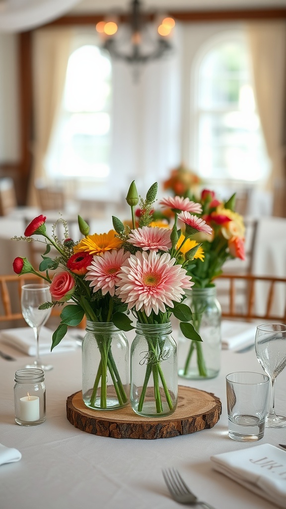 Mason jar centerpieces with flowers on a wooden slab at a wedding table