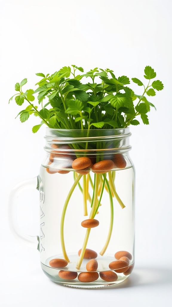 A mason jar with fresh green plants growing in water and brown pebbles at the bottom.