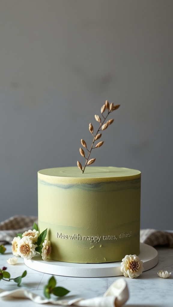 A beautiful matcha green tea cake with floral decorations, showcasing a smooth green frosting.