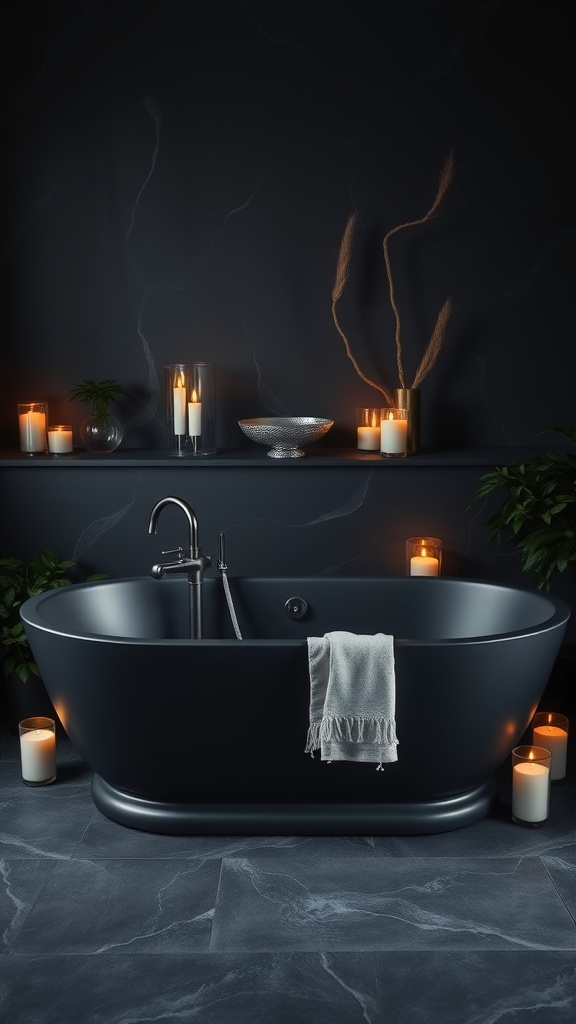 A matte black bathtub surrounded by candles and plants, creating a tranquil bathroom space.