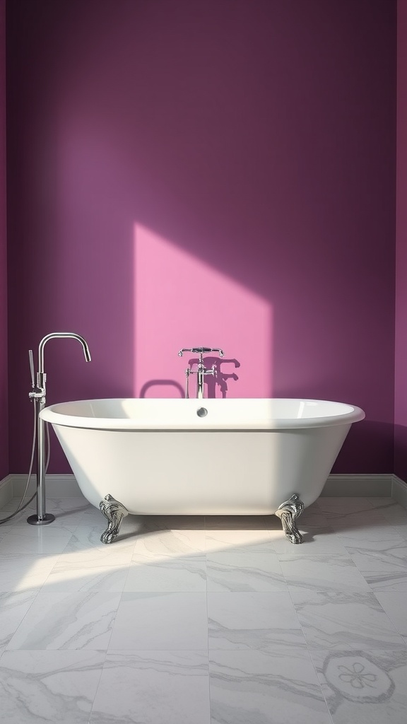 A bathroom with a mauve accent wall and a white freestanding bathtub